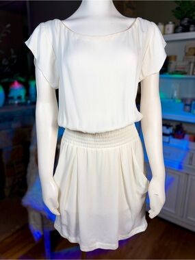 ALC Cream Wide Neck Short Sleeve Smocked Waist Casual Dress w/ Pockets, Sz M & L